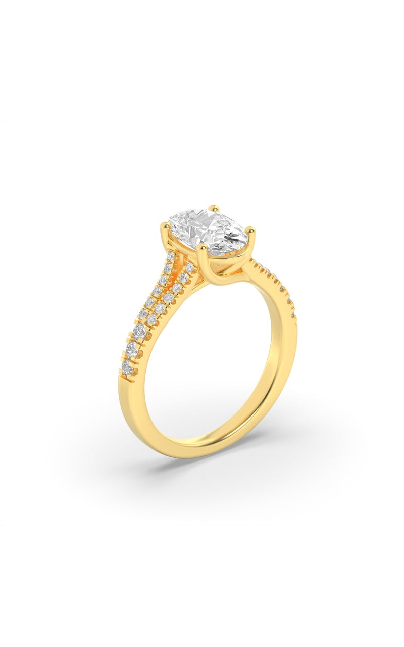2CTW Oval Shaped Lab Grown Diamond (F/VS) Split Shank Trellis Engagement Ring in 14K Gold