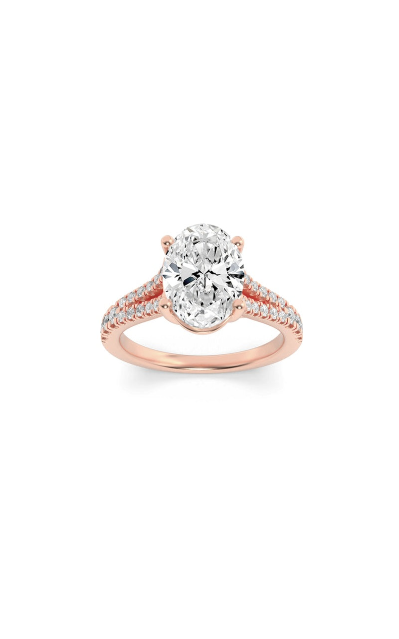 2CTW Oval Shaped Lab Grown Diamond (F/VS) Split Shank Trellis Engagement Ring in 14K Gold