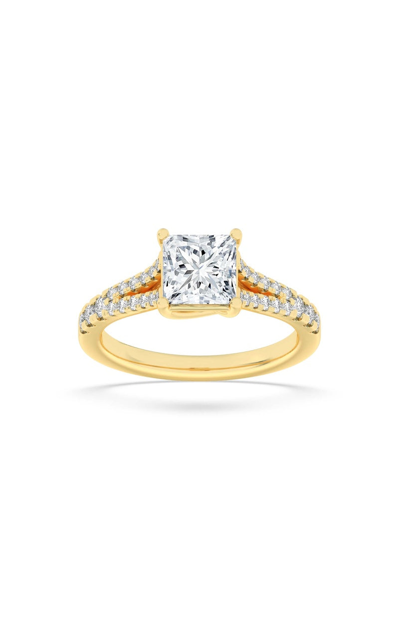 2CTW Princess Shaped Lab Grown Diamond (F/VS) Split Shank Trellis Engagement Ring in 14K Gold