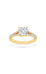 Load image into Gallery viewer, 2CTW Princess Shaped Lab Grown Diamond (F/VS) Split Shank Trellis Engagement Ring in 14K Gold
