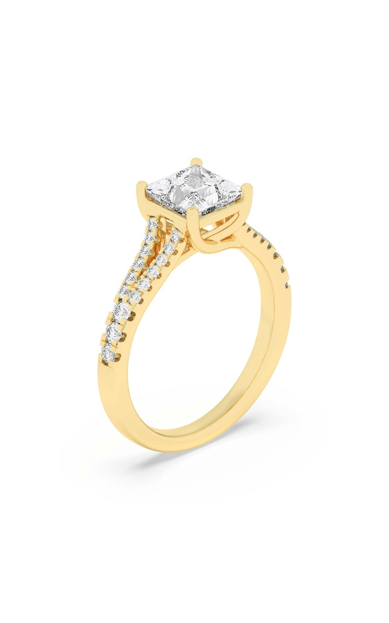 2CTW Princess Shaped Lab Grown Diamond (F/VS) Split Shank Trellis Engagement Ring in 14K Gold