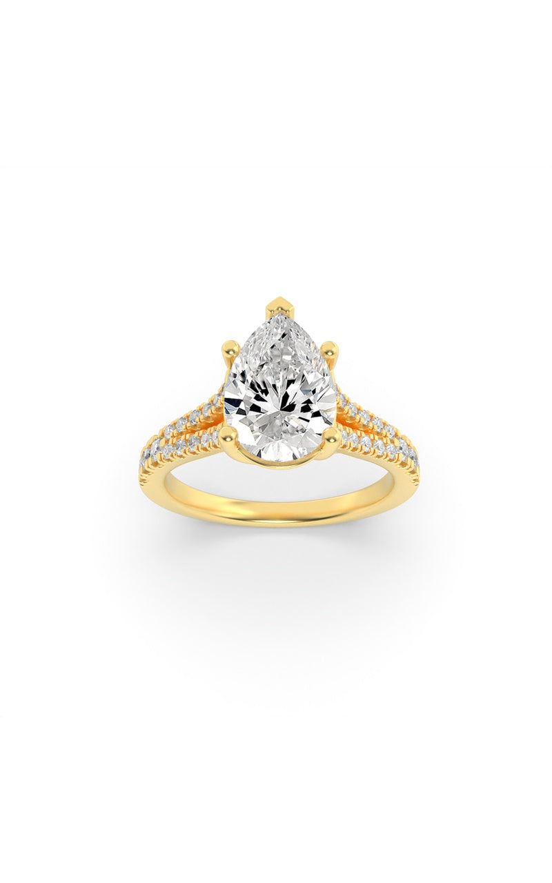 2CTW Pear Shaped Lab Grown Diamond (F/VS) Split Shank Trellis Engagement Ring in 14K Gold