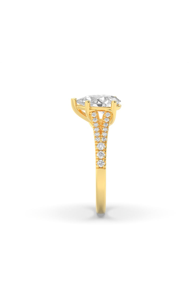 2CTW Pear Shaped Lab Grown Diamond (F/VS) Split Shank Trellis Engagement Ring in 14K Gold