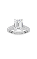 Load image into Gallery viewer, 2.5CTW Emerald Shaped Lab Grown Diamond (F/VS) Hidden Halo Accented Engagement Ring in 14K Gold
