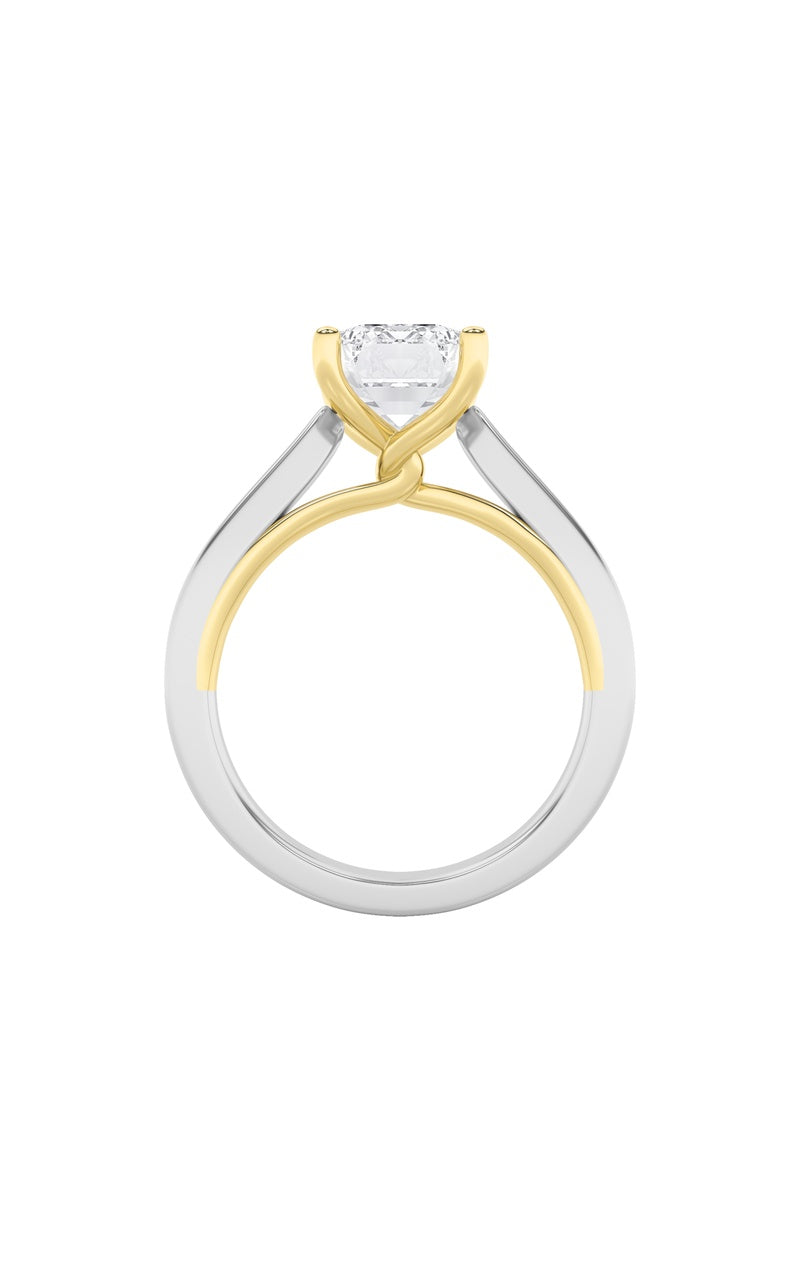 1CTW Emerald Shaped Lab Grown Diamond (F/VS) Two Tone Twisted Basket Cathedral Shank Solitaire Ring in 14K Gold