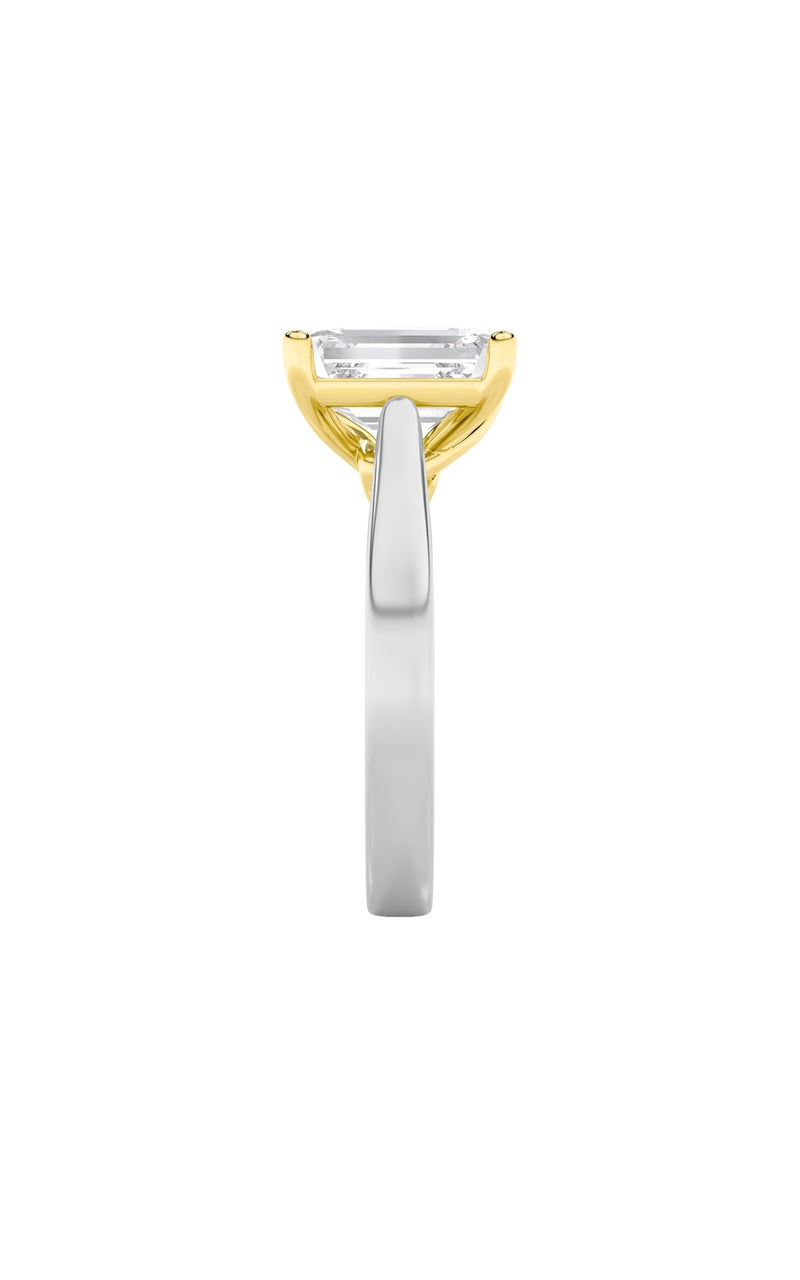 1CTW Emerald Shaped Lab Grown Diamond (F/VS) Two Tone Twisted Basket Cathedral Shank Solitaire Ring in 14K Gold