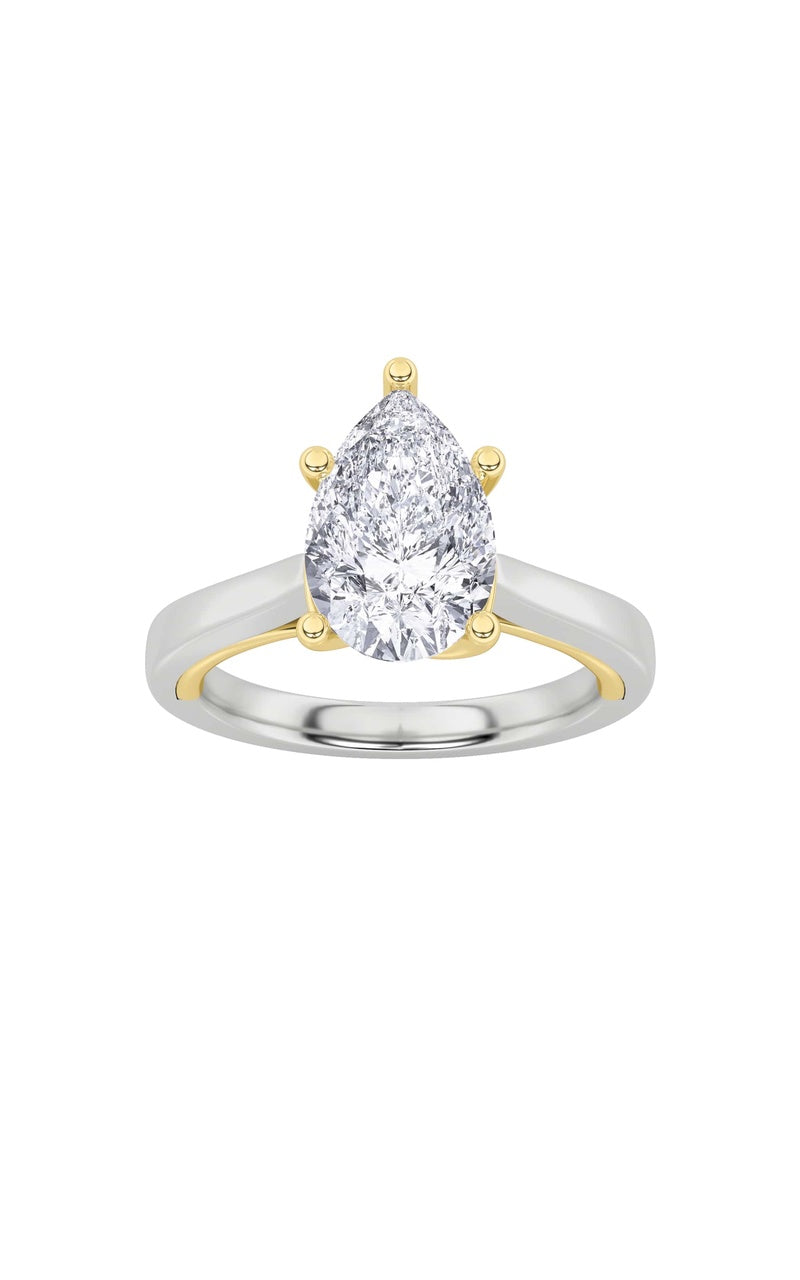 2CTW Pear Shaped Lab Grown Diamond (F/VS) Two Tone Twisted Basket Cathedral Shank Solitaire Ring in 14K Gold