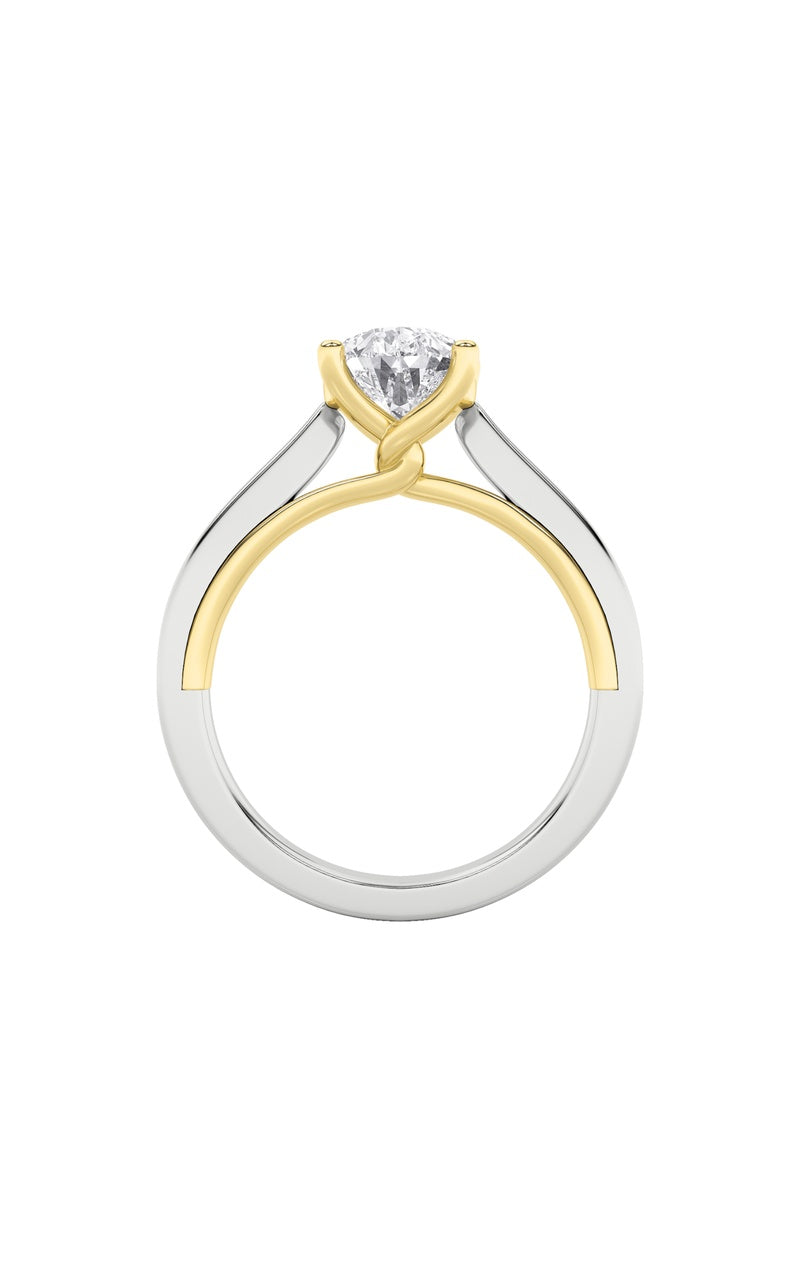 2CTW Pear Shaped Lab Grown Diamond (F/VS) Two Tone Twisted Basket Cathedral Shank Solitaire Ring in 14K Gold