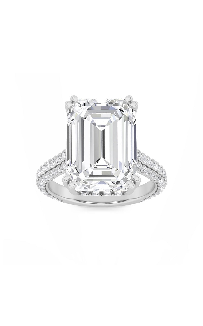 8CTW Emerald Shaped Lab Grown Diamond (F/VS) Bold Accented Engagement Ring in 14K Gold
