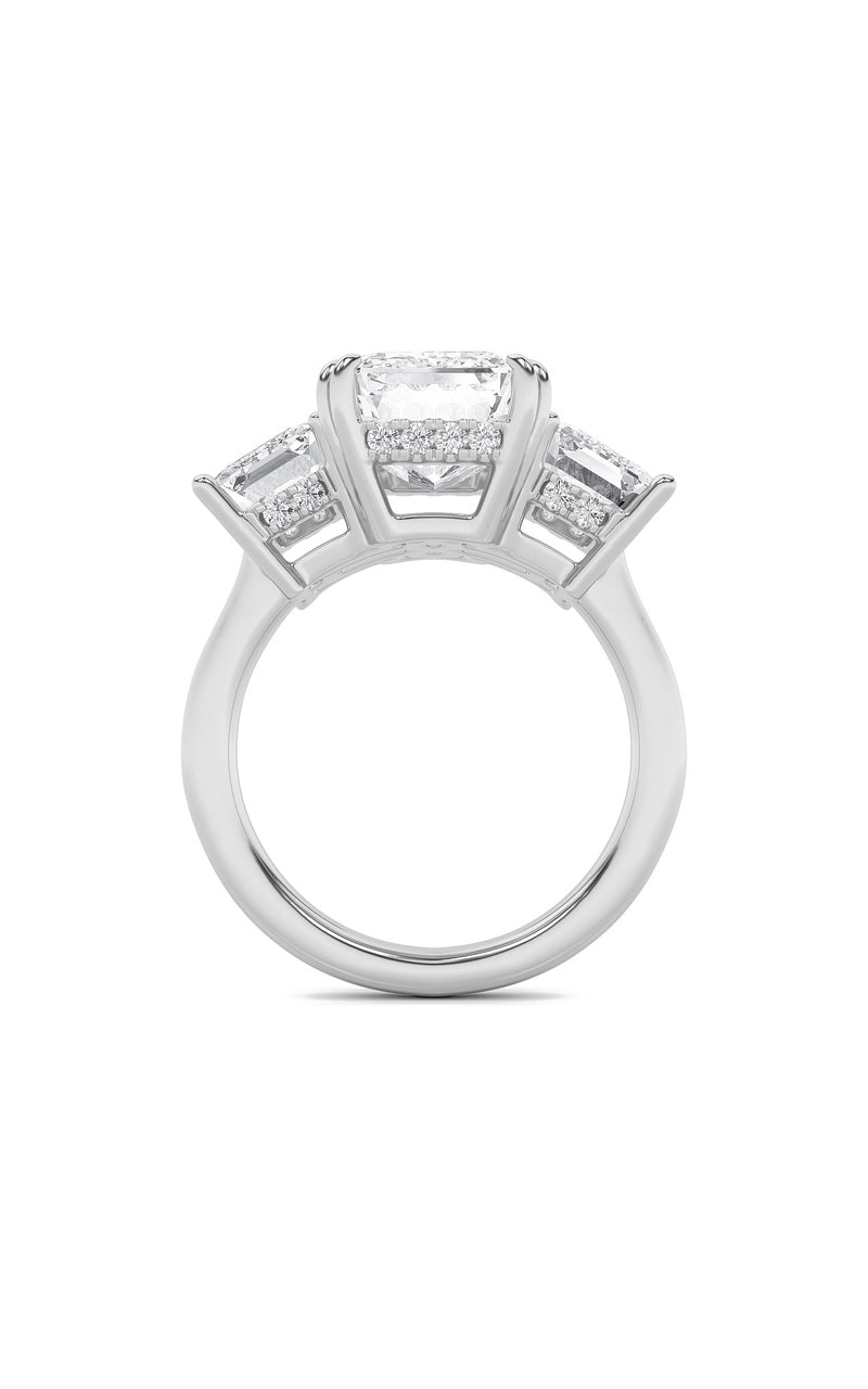 8.25CTW Emerald Shaped Lab Grown Diamond (F/VS) Bold Three Stone Accented Ring in 14K Gold