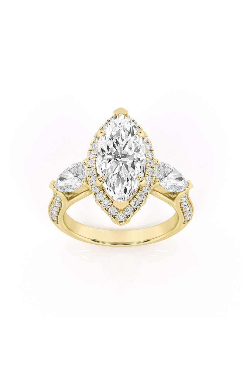 3CTW Marquise Shaped Lab Grown Diamond (F/VS) Three Stone Halo Enagement Ring in 14K Gold