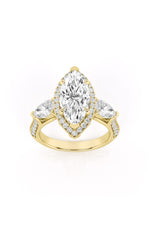 Load image into Gallery viewer, 3CTW Marquise Shaped Lab Grown Diamond (F/VS) Three Stone Halo Enagement Ring in 14K Gold
