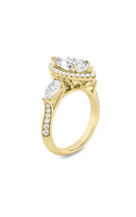 Load image into Gallery viewer, 3CTW Marquise Shaped Lab Grown Diamond (F/VS) Three Stone Halo Enagement Ring in 14K Gold
