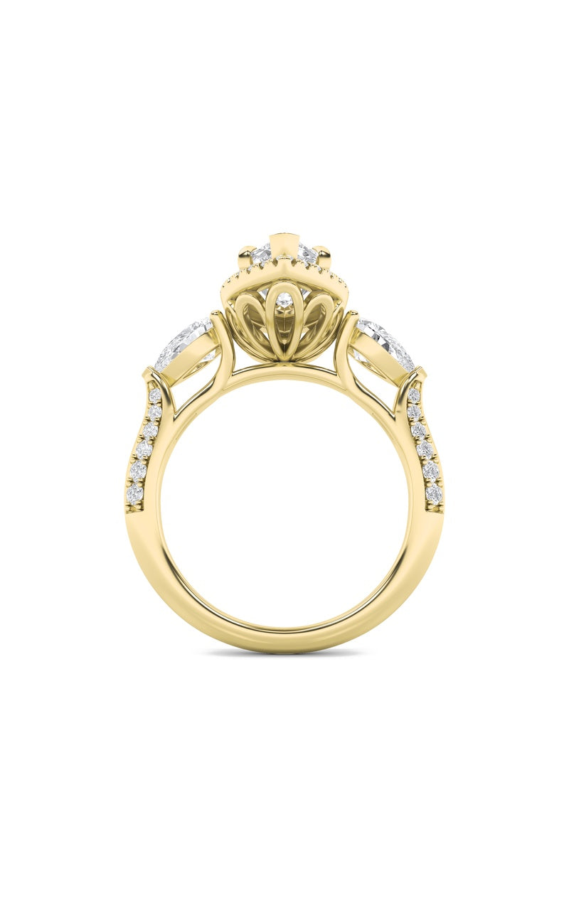 3CTW Marquise Shaped Lab Grown Diamond (F/VS) Three Stone Halo Enagement Ring in 14K Gold