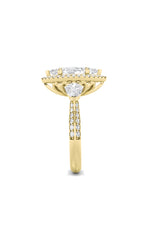 Load image into Gallery viewer, 3CTW Marquise Shaped Lab Grown Diamond (F/VS) Three Stone Halo Enagement Ring in 14K Gold

