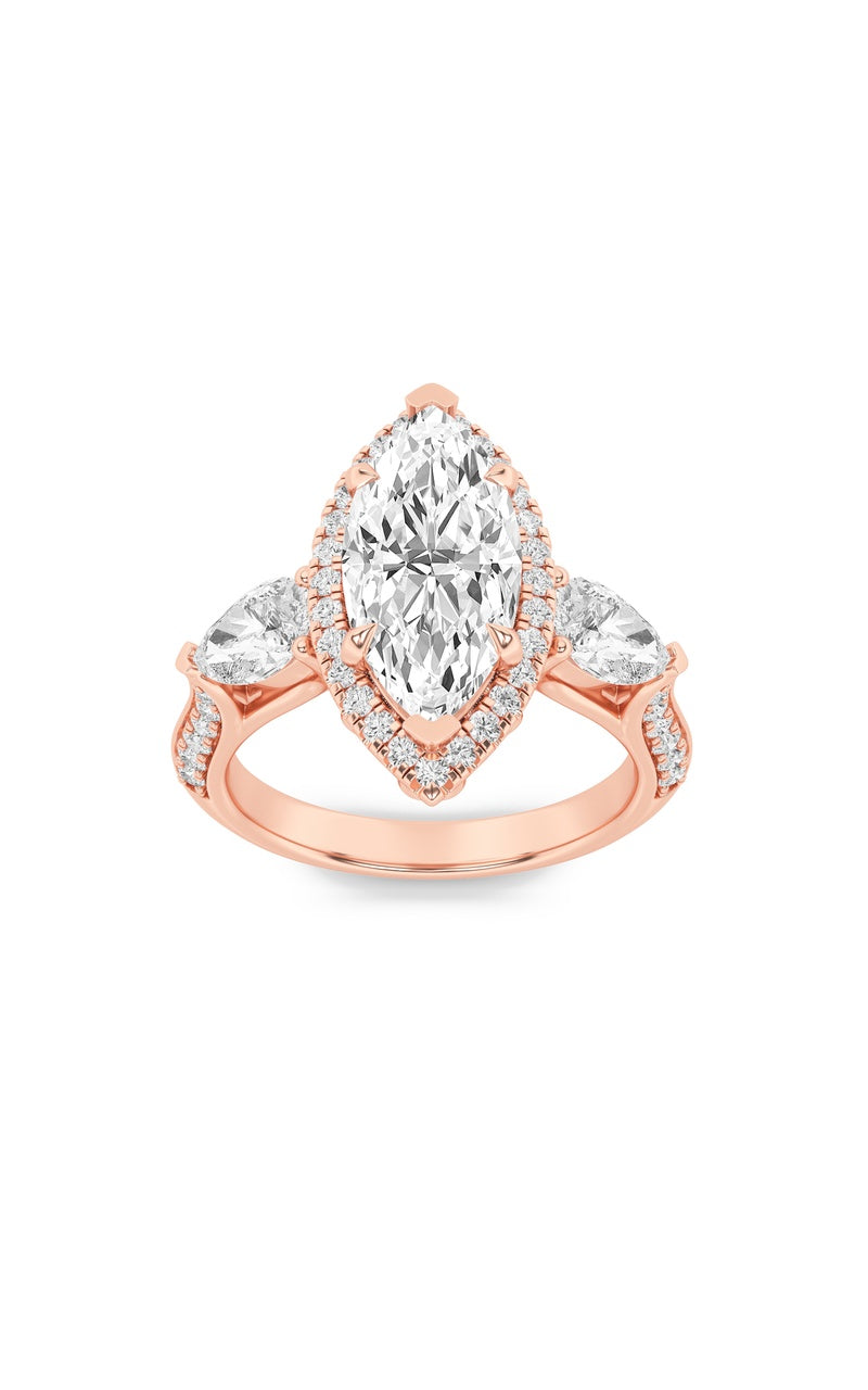 3CTW Marquise Shaped Lab Grown Diamond (F/VS) Three Stone Halo Enagement Ring in 14K Gold