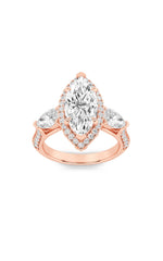Load image into Gallery viewer, 3CTW Marquise Shaped Lab Grown Diamond (F/VS) Three Stone Halo Enagement Ring in 14K Gold
