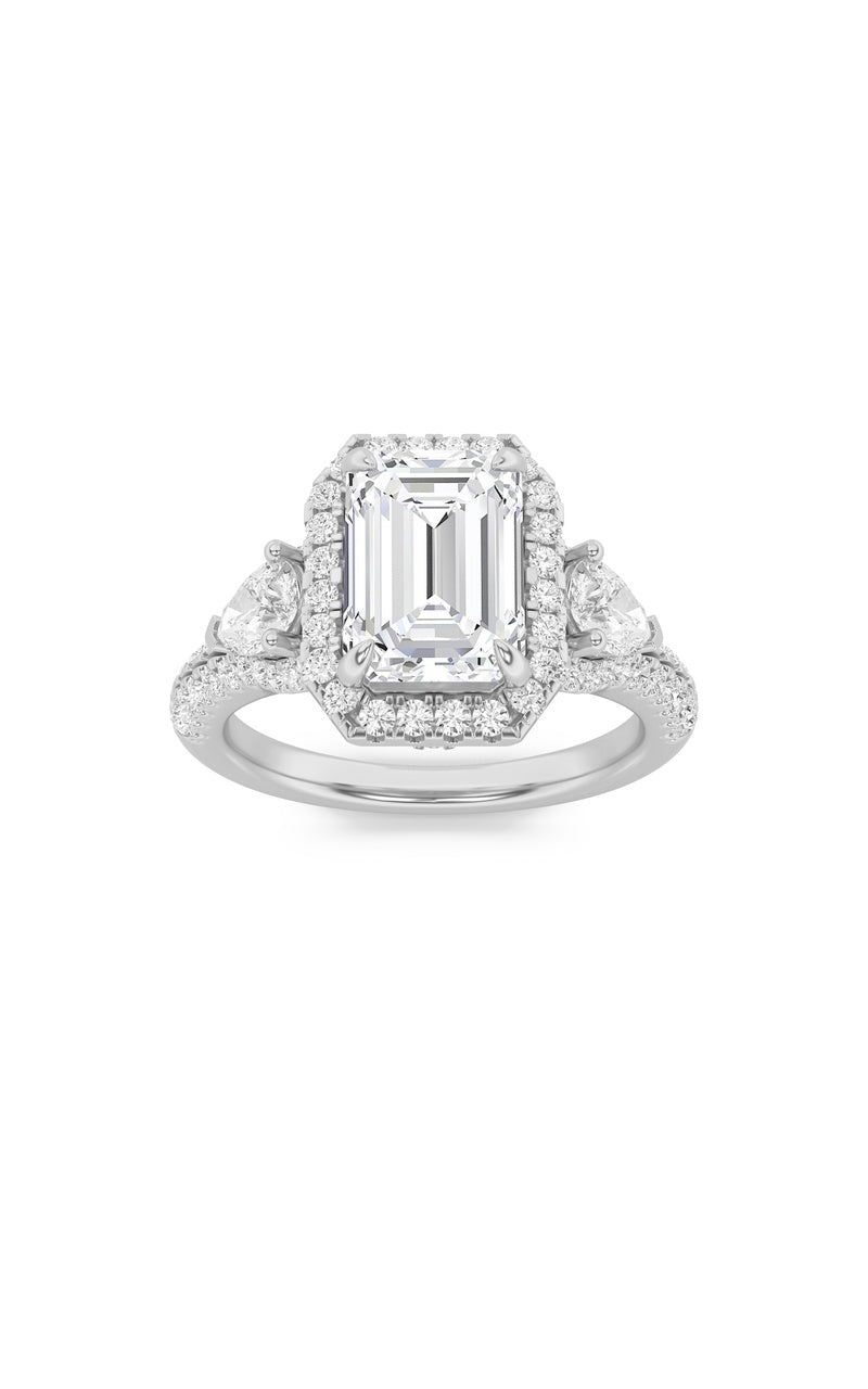 3CTW Emerald Shaped Lab Grown Diamond (F/VS) Three Stone Bold Accented Engagement Ring in 14K Gold