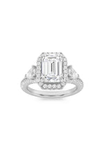 Load image into Gallery viewer, 3CTW Emerald Shaped Lab Grown Diamond (F/VS) Three Stone Bold Accented Engagement Ring in 14K Gold
