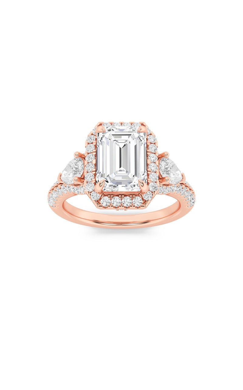 3CTW Emerald Shaped Lab Grown Diamond (F/VS) Three Stone Bold Accented Engagement Ring in 14K Gold