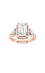Load image into Gallery viewer, 3CTW Emerald Shaped Lab Grown Diamond (F/VS) Three Stone Bold Accented Engagement Ring in 14K Gold
