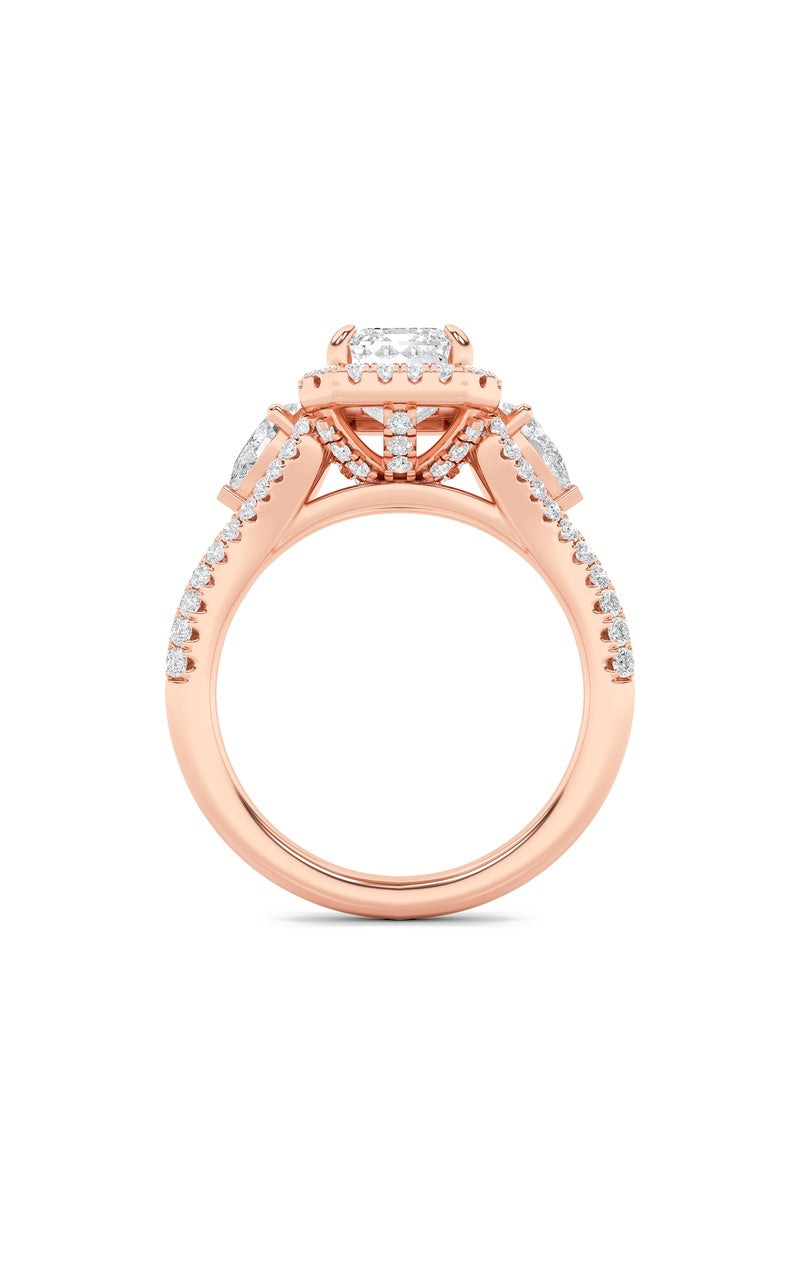 3CTW Emerald Shaped Lab Grown Diamond (F/VS) Three Stone Bold Accented Engagement Ring in 14K Gold