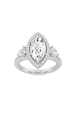 Load image into Gallery viewer, 3CTW Marquise Shaped Lab Grown Diamond (F/VS) Three Stone Bold Accented Engagement Ring in 14K Gold
