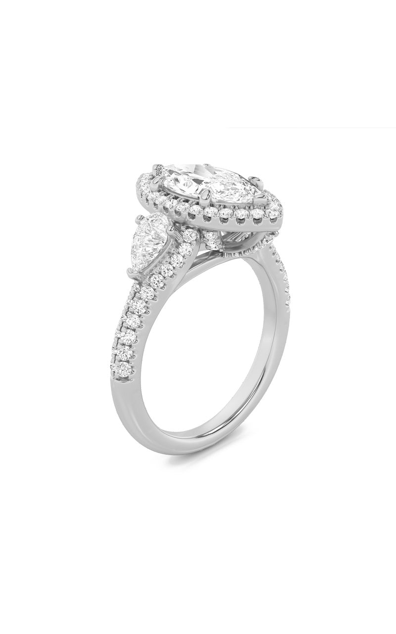 3CTW Marquise Shaped Lab Grown Diamond (F/VS) Three Stone Bold Accented Engagement Ring in 14K Gold