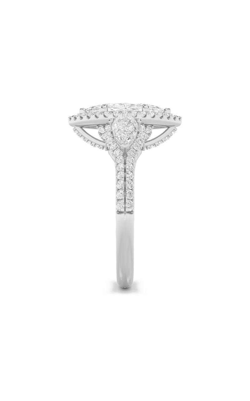 3CTW Marquise Shaped Lab Grown Diamond (F/VS) Three Stone Bold Accented Engagement Ring in 14K Gold