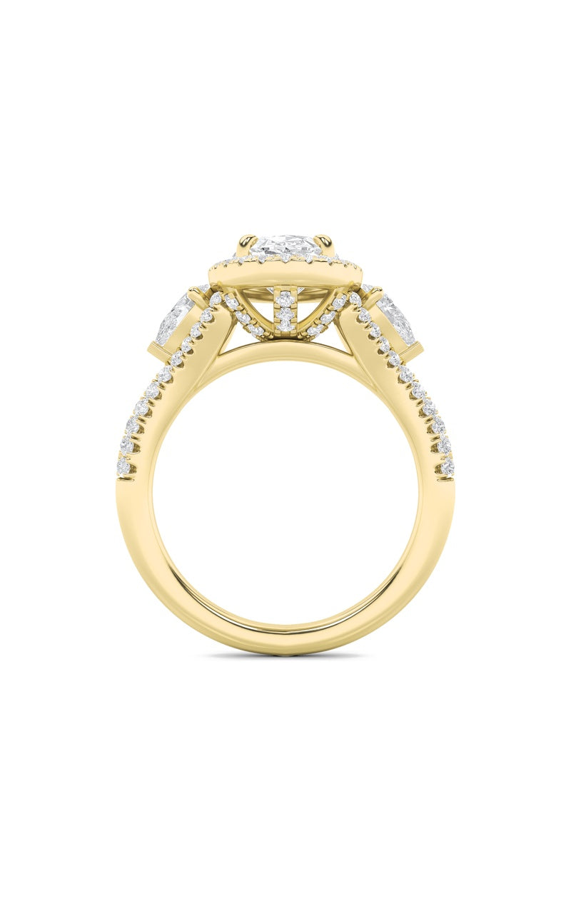 3CTW Oval Shaped Lab Grown Diamond (F/VS) Three Stone Bold Accented Engagement Ring in 14K Gold