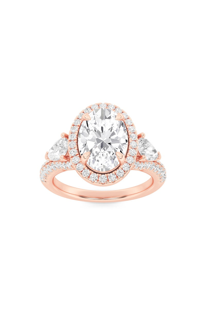 3CTW Oval Shaped Lab Grown Diamond (F/VS) Three Stone Bold Accented Engagement Ring in 14K Gold
