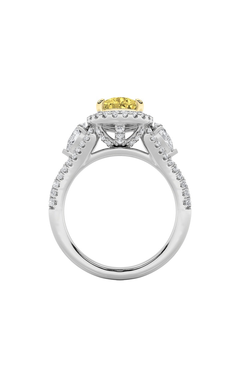 3CTW Pear Shaped Lab Grown Diamond (F/VS) Three Stone Bold Accented Engagement Ring in 14K Gold