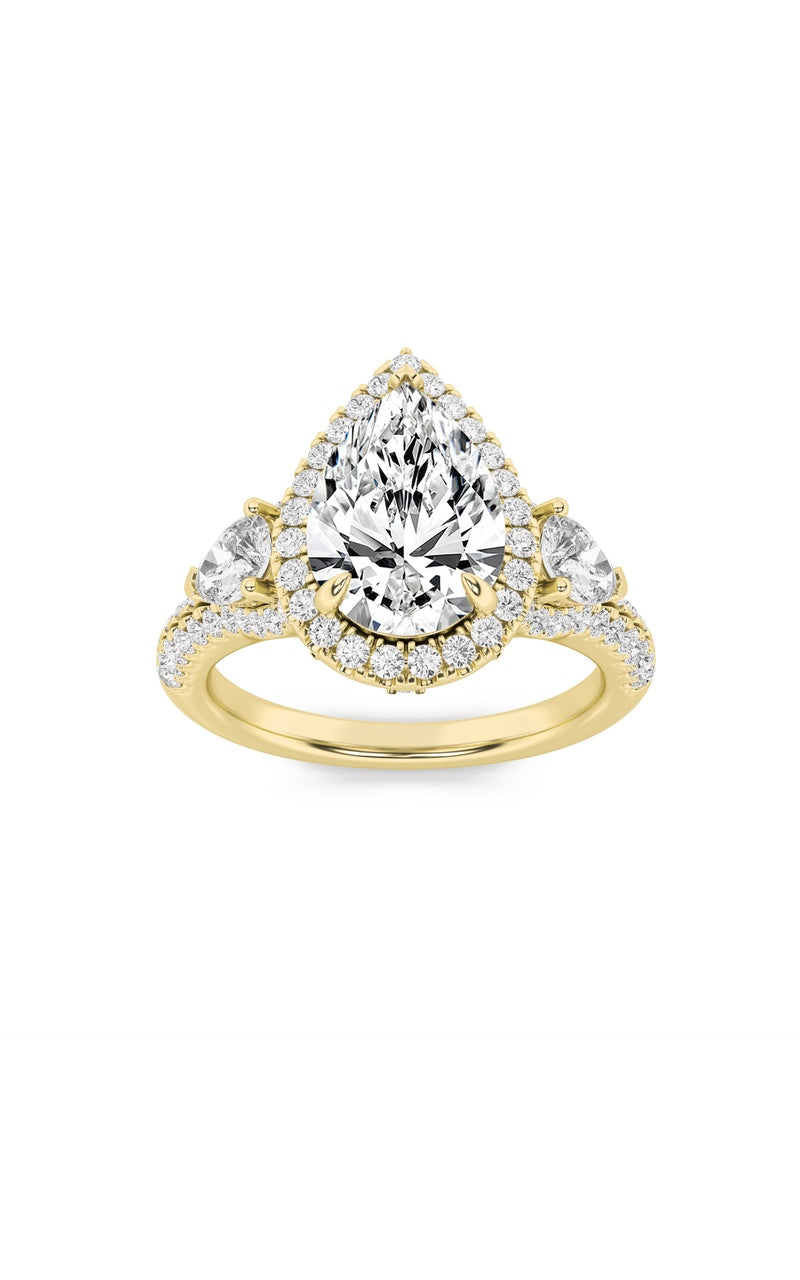 3CTW Pear Shaped Lab Grown Diamond (F/VS) Three Stone Bold Accented Engagement Ring in 14K Gold