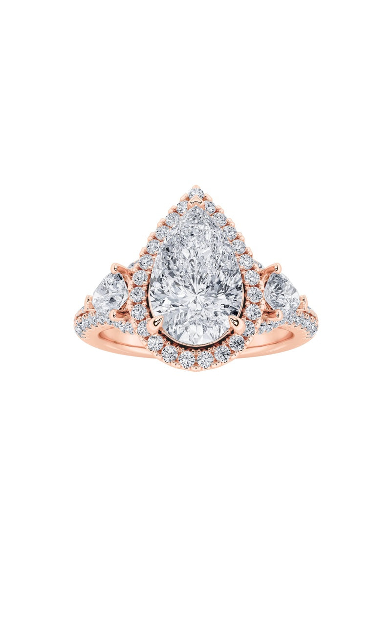 3CTW Pear Shaped Lab Grown Diamond (F/VS) Three Stone Bold Accented Engagement Ring in 14K Gold