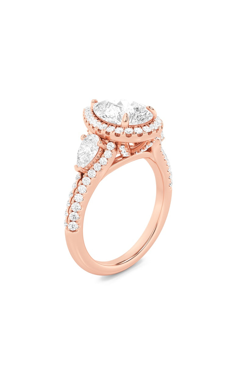 3CTW Pear Shaped Lab Grown Diamond (F/VS) Three Stone Bold Accented Engagement Ring in 14K Gold