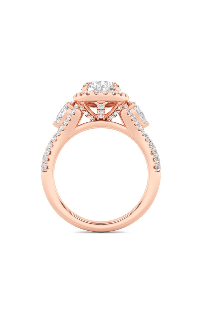 3CTW Pear Shaped Lab Grown Diamond (F/VS) Three Stone Bold Accented Engagement Ring in 14K Gold