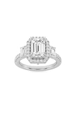 Load image into Gallery viewer, 3CTW Emerald Shaped Lab Grown Diamond (G/VS) Three Stone Accented Engagement Ring in 14K Gold
