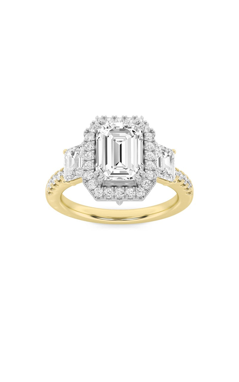 3CTW Emerald Shaped Lab Grown Diamond (G/VS) Three Stone Accented Engagement Ring in 14K Gold