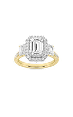 Load image into Gallery viewer, 3CTW Emerald Shaped Lab Grown Diamond (G/VS) Three Stone Accented Engagement Ring in 14K Gold
