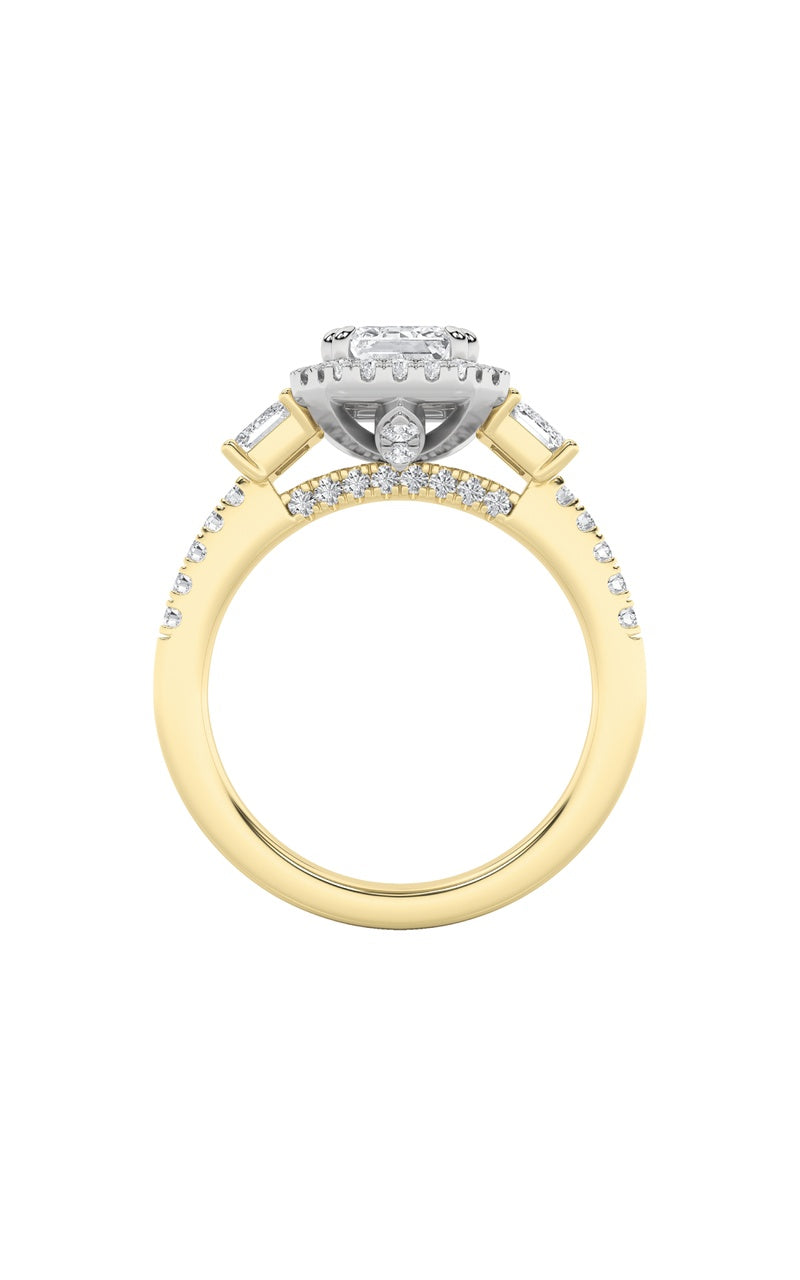 3CTW Emerald Shaped Lab Grown Diamond (G/VS) Three Stone Accented Engagement Ring in 14K Gold