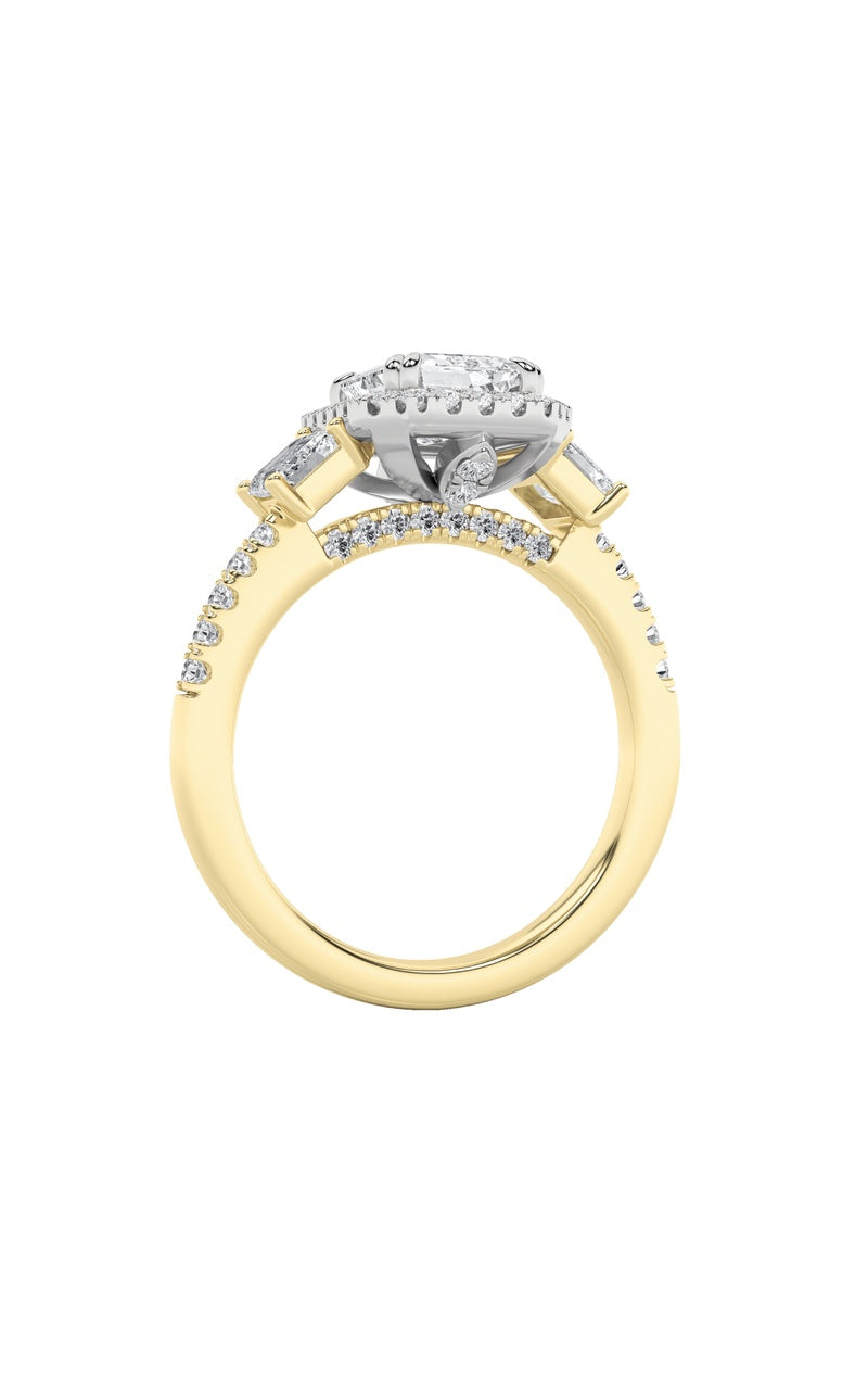 3CTW Emerald Shaped Lab Grown Diamond (G/VS) Three Stone Accented Engagement Ring in 14K Gold