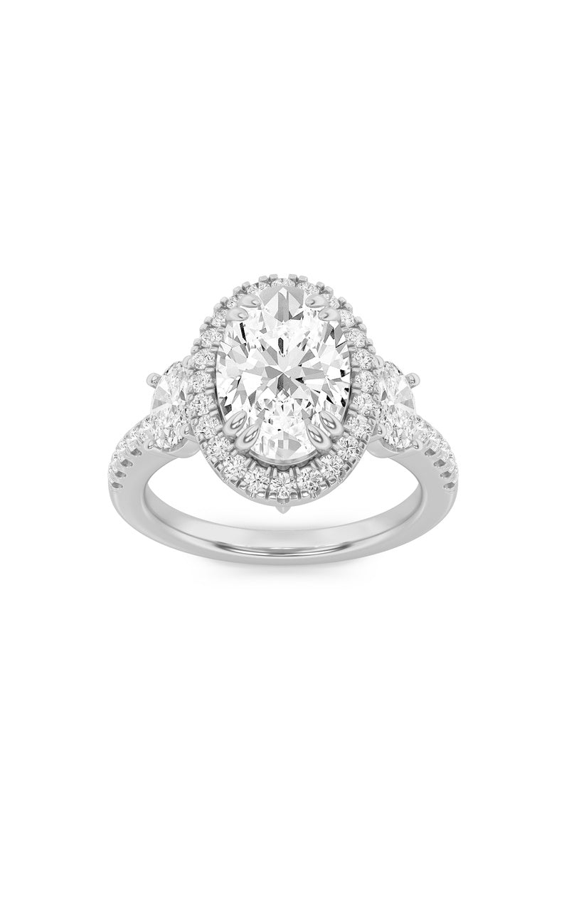 3CTW Oval Shaped Lab Grown Diamond (G/VS) Three Stone Accented Engagement Ring in 14K Gold