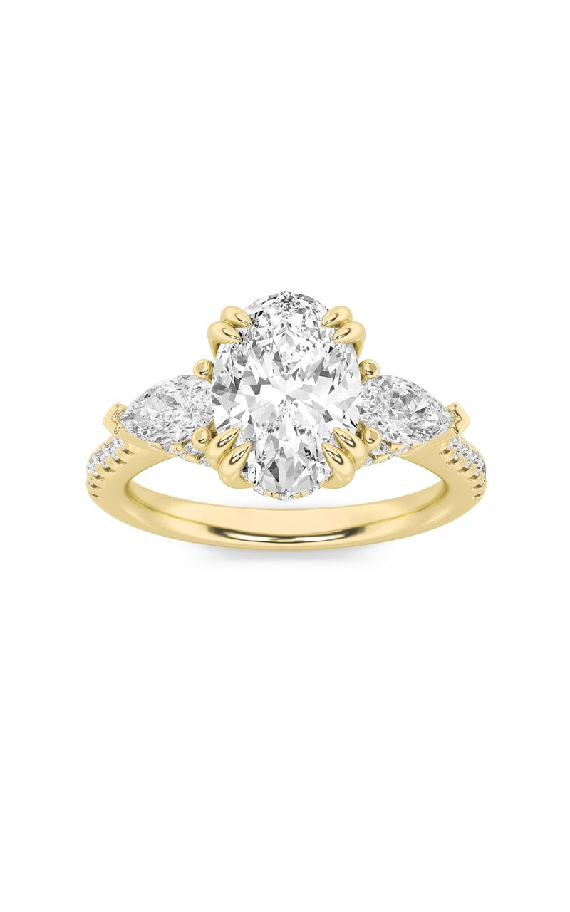 3CTW Oval Shaped Lab Grown Diamond (F/VS) Three Stone Accented Engagement Ring in 14K Gold