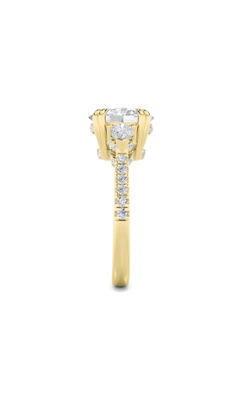 3CTW Oval Shaped Lab Grown Diamond (F/VS) Three Stone Accented Engagement Ring in 14K Gold