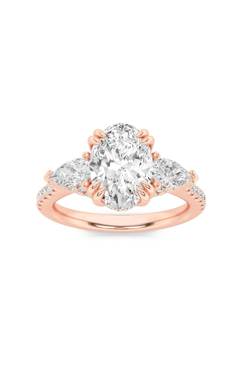 3CTW Oval Shaped Lab Grown Diamond (F/VS) Three Stone Accented Engagement Ring in 14K Gold