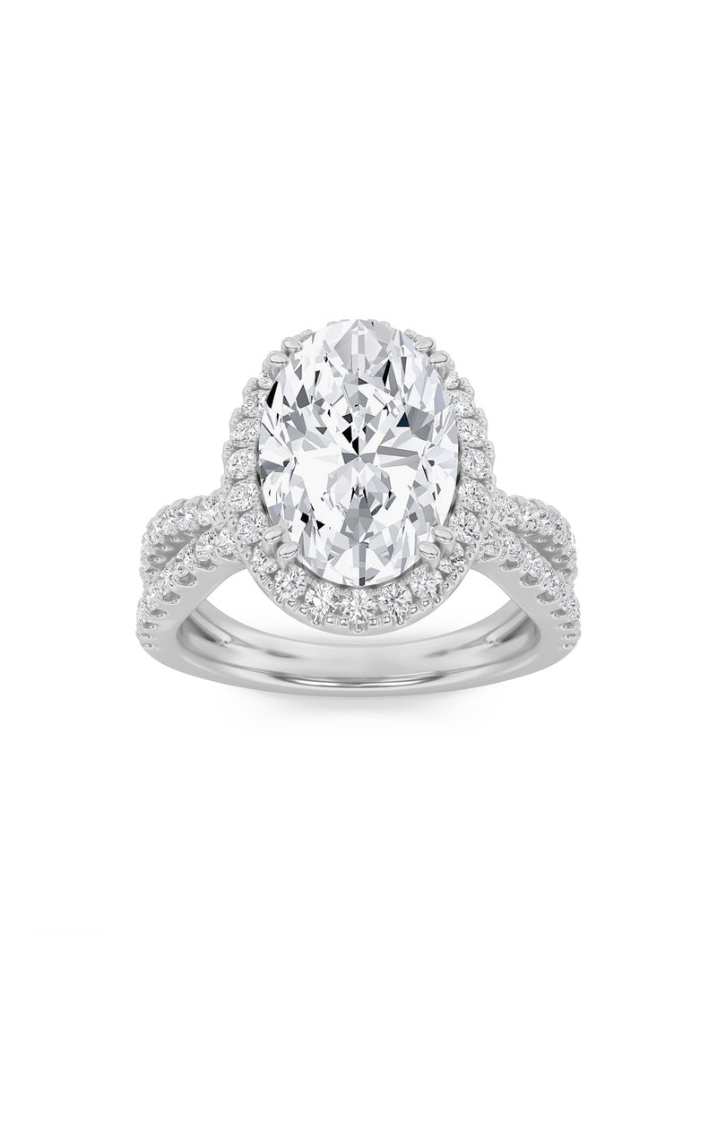 4CTW Oval Shaped Lab Grown Diamond (F/VS) Split Shank Halo Engagement Ring in 14K Gold
