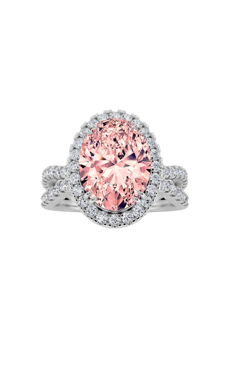 4CTW Oval Shaped Lab Grown Diamond (F/VS) Split Shank Halo Engagement Ring in 14K Gold