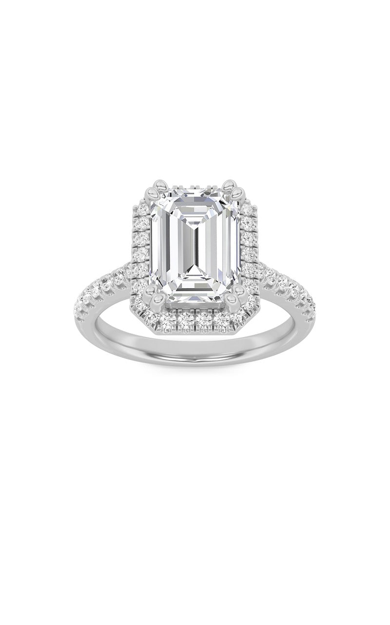 2.5CTW Emerald Shaped Lab Grown Diamond (F/VS) Halo Accented Engagement Ring in 14K Gold