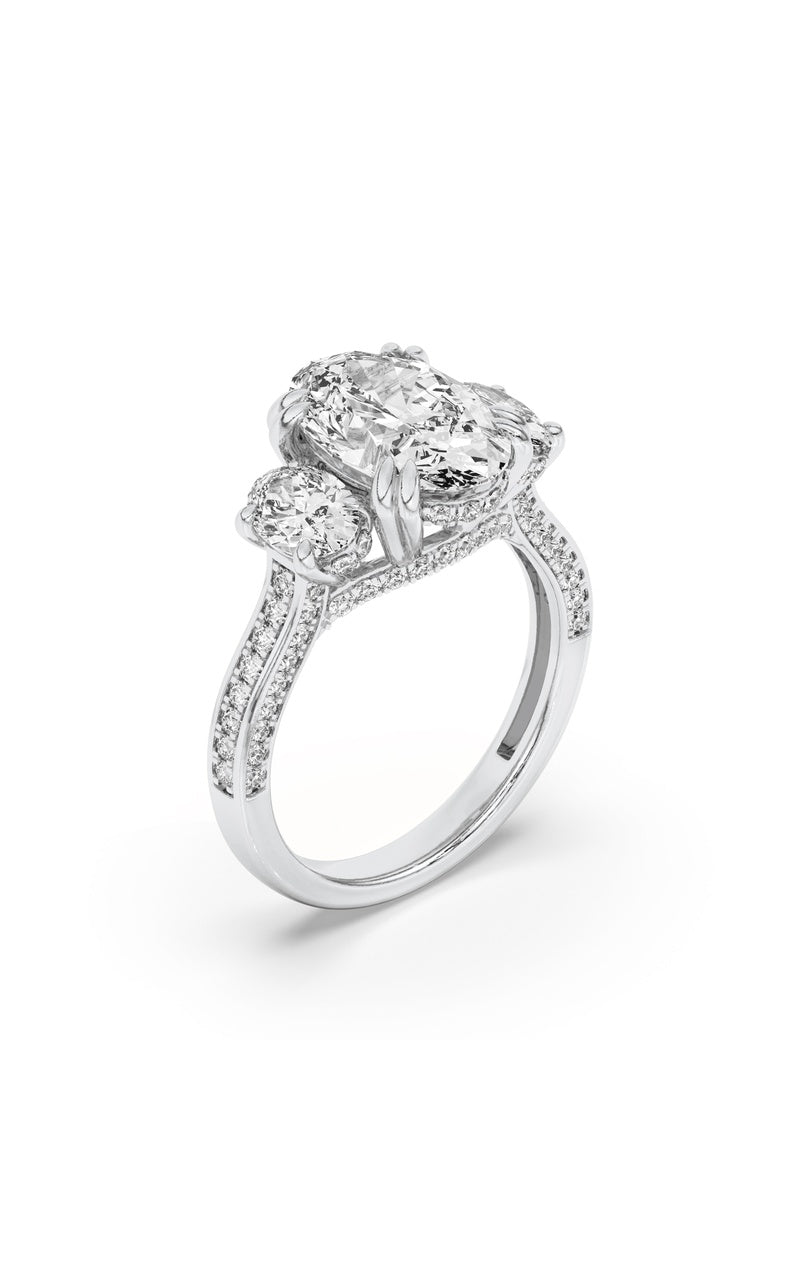 5CTW Oval Shaped Lab Grown Diamond (F/VS) Three Stone Accented Engagement Ring in 14K Gold