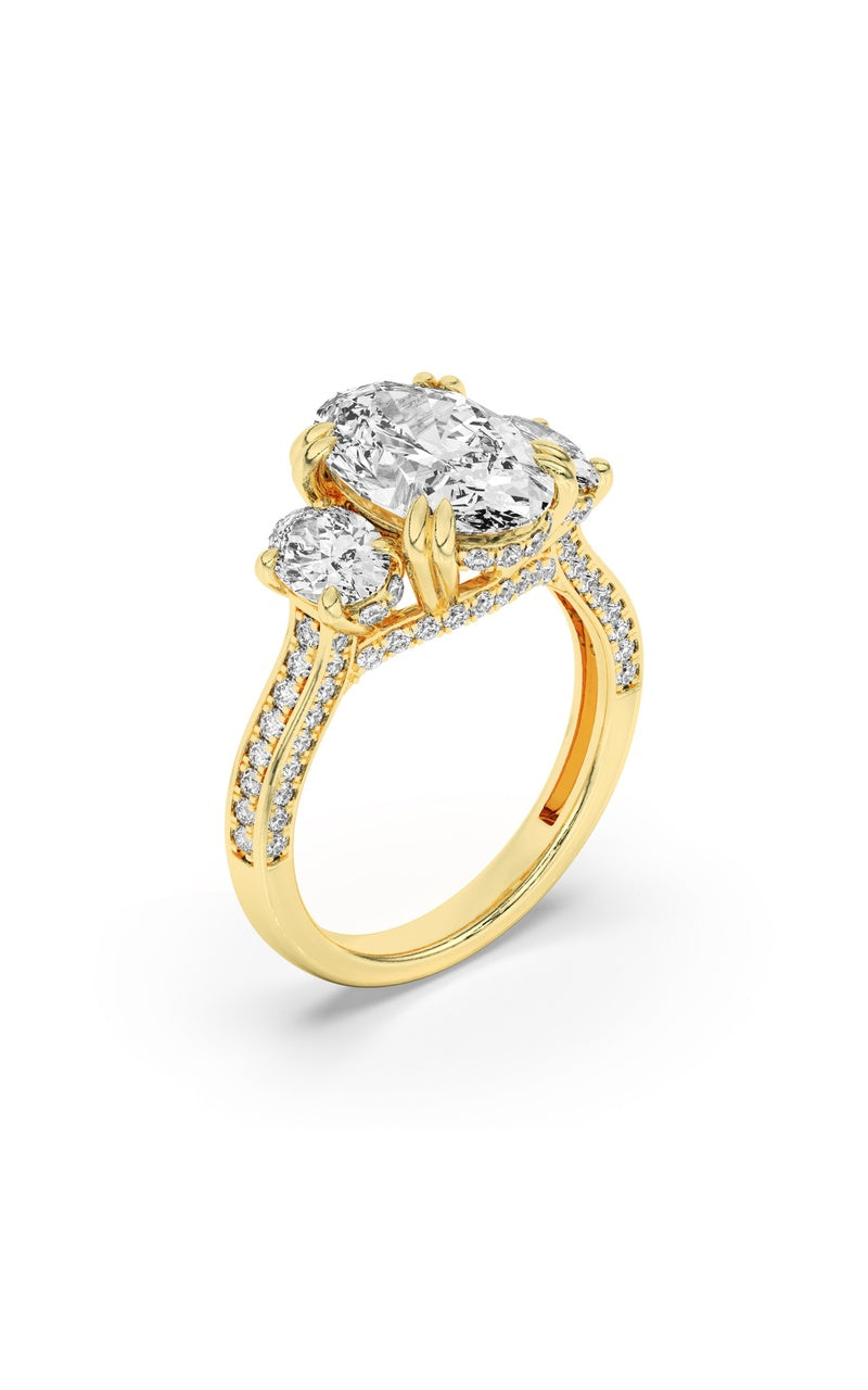 5CTW Oval Shaped Lab Grown Diamond (F/VS) Three Stone Accented Engagement Ring in 14K Gold